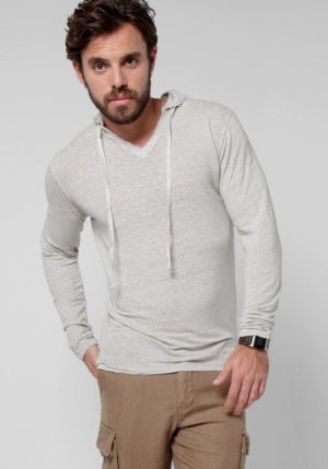 Men's Linen Jersey Long Sleeve Hoodie Shirt | Italian Style with Pocket and Wooden Fasteners, Item #1133 S / Light Gray